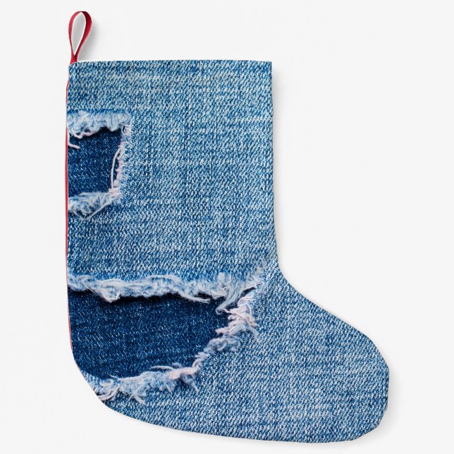 Torn denim Stoff Textur, blaue Farben. Kleiner Weihnachtsstrumpf (Vorderseite)
