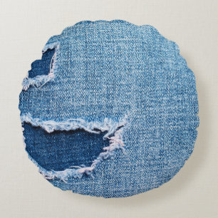 Torn denim Stoff Textur, blaue Farben. Rundes Kissen