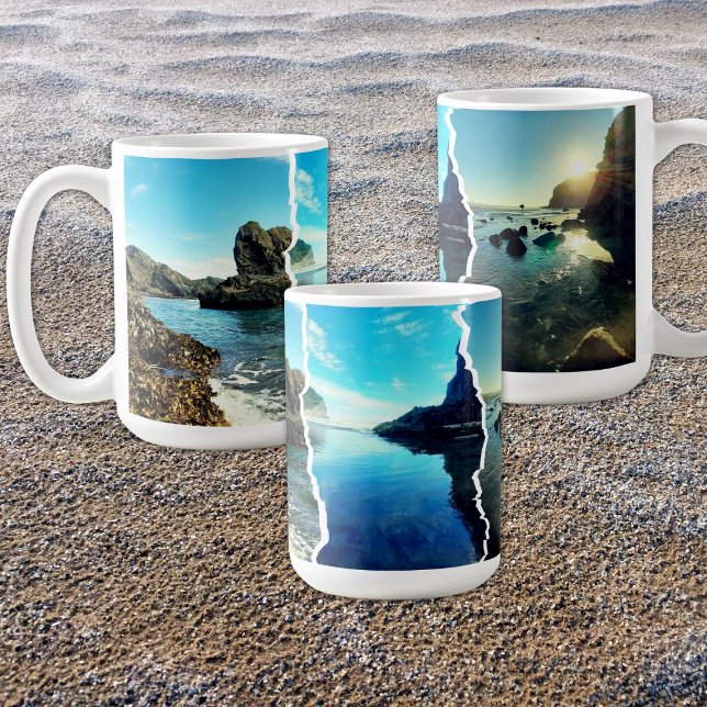 Torn Tryptich Tasman View Knochen China Tasse (NZ Tasman 3 Custom Sea View Collage Tear Edge Coffee Mug)