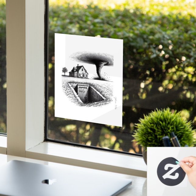 Tornado House Cellar mit Kreuz Fensteraufkleber (Büro)