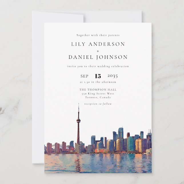 Toronto-Skyline-Aquarell-QR-Code-Hochzeit Einladung (Vorderseite)