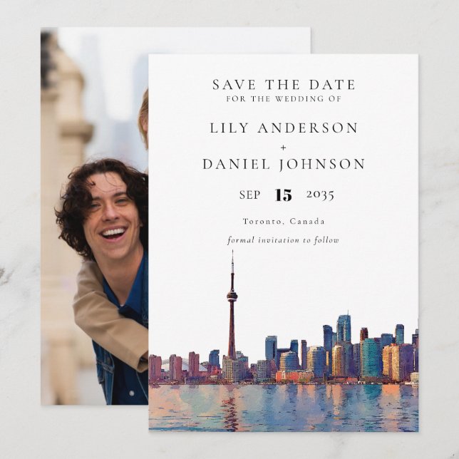Toronto Skyline Watercolor Photo Wedding Save The Date (Vorne/Hinten)