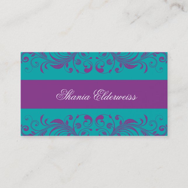 Torquoise Lila Damask Business Card Visitenkarte (Vorderseite)