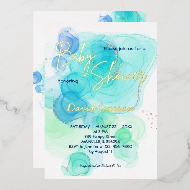 Torquoise & Soft Blue Watercolor - Echtgold Folieneinladung (Vorderseite/Rückseite)