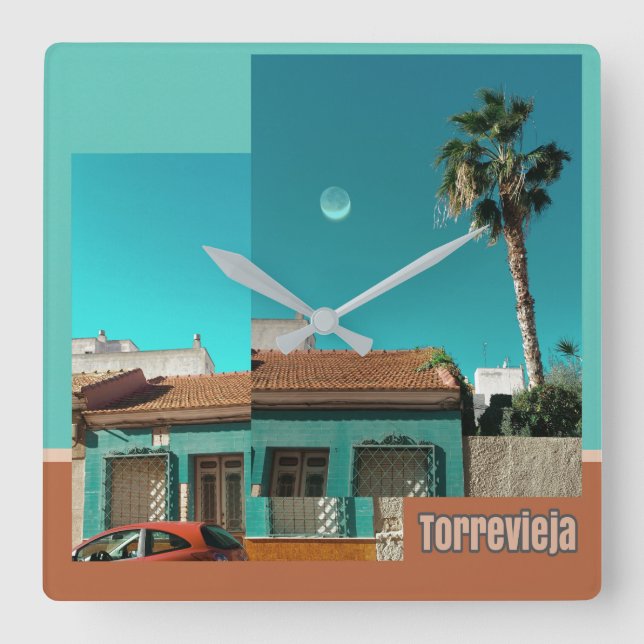 Torrevieja in Orange und Turqoise Quadratische Wanduhr (Vorderseite)
