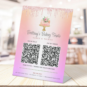 Torte Blush Rosa 2 QR Code Hier Zahlen Glitter Omb Sockelschild