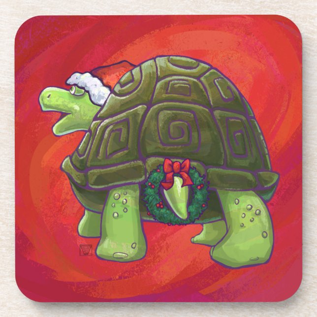 Tortoise Christmas On Red Untersetzer (Vorderseite)