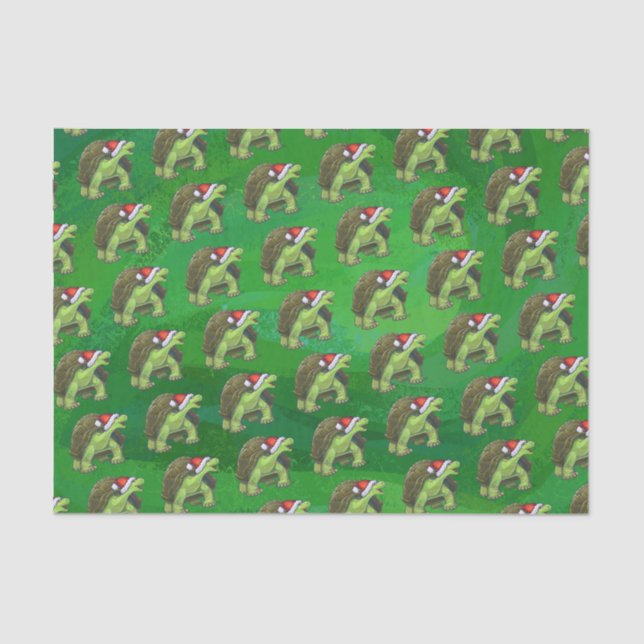 Tortoise in der Weihnachtsmannmütze auf grün Seidenpapier (Vorderseite)