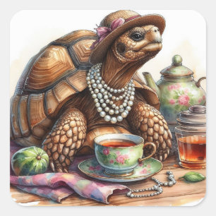 Tortoise mit Teeklattklebern Quadratischer Aufkleber