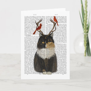 Tortoiseshell Cat with Antlers and Red Birds Karte