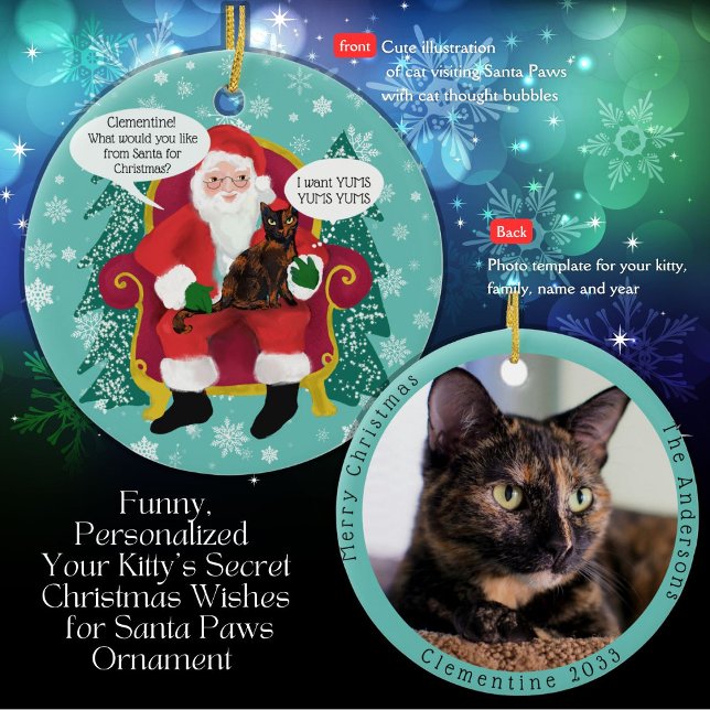 Tortoiseshell Katze Besuchen Santa mit Unglaublich Keramik Ornament ( Tortoiseshell Cat tells Santa Paws she wants ? for Christmas? Add her special wishes and picture )