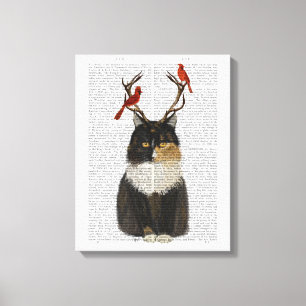 Tortoiseshell Katze mit Antlern und Roten Vögeln Leinwanddruck