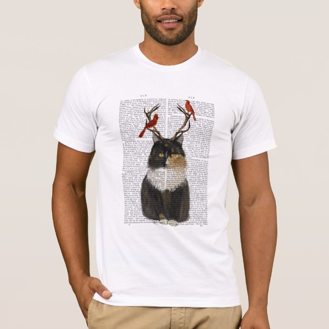 Tortoiseshell Katze mit Antlern und Roten Vögeln T-Shirt (Vorderseite)