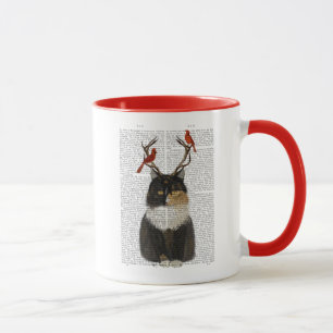 Tortoiseshell Katze mit Antlern und Roten Vögeln Tasse