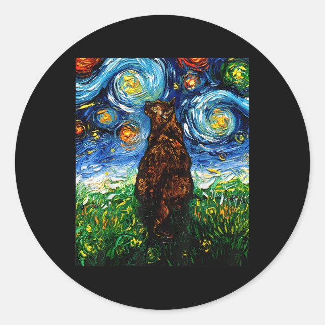 Tortoiseshell Tortie Starry Night Kitty Cat Art vo Runder Aufkleber (Vorderseite)