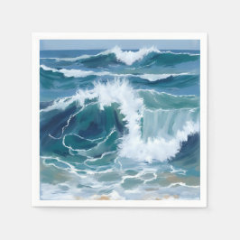 Tosende Ozeanwellen | Küstenblau Aquarell Serviette