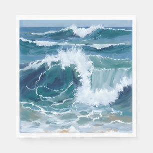 Tosende Ozeanwellen Küstenblaue Aquarellmalerei Serviette