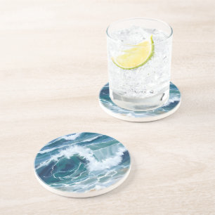 Tosende Ozeanwellen   Küstengrünes Wasserfarbenbla Getränkeuntersetzer