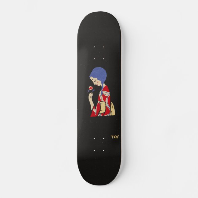 Toshio Ito japanisches Kunst-Mädchen mit Blume Skateboard (Vorderseite)