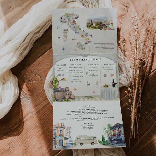 Toskana | Illustrierte Hochzeit Dreifach Gefaltete Einladung (Von Creator hochgeladen)