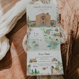 Toskana Italien Illustrierte Hochzeit Dreifach Gefaltete Einladung