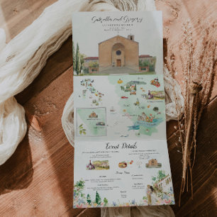 Toskana Italien   Illustrierte Hochzeit Dreifach Gefaltete Einladung