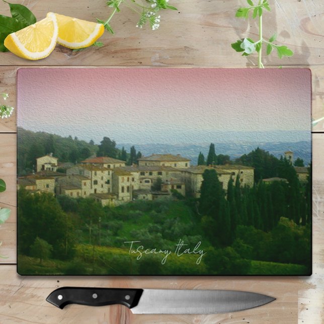 Toskana Italien Wasserfarbglas-Zuschnitt Schneidebrett (Tuscany Italy Watercolor Glass Cutting Board)