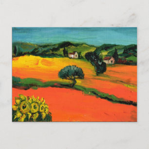 TOSKANA-LANDSCHAFT MIT SONNENBLUMEN IN ROT ORANGE EINLADUNGSPOSTKARTE