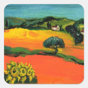 TOSKANA-LANDSCHAFT MIT SONNENBLUMEN QUADRATISCHER AUFKLEBER