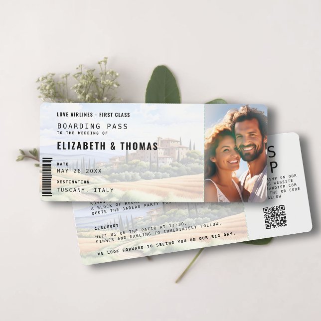 Toskana Zielort Boarding Pass Foto Hochzeit Einladung (tuscany destination wedding invitation boarding pass all in one qr code photo template)