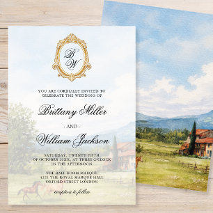 Toskanische Landschaft mit Monogramm-Hochzeit Einladung