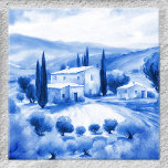 Toskanische Landschaft Wasserfarben Delft Blue Sty Fliese<br><div class="desc">Die Tile mit einem Aquarellbild einer toskanischen Landschaft im Delft Blue-Stil.</div>