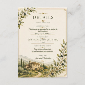 Toskanische Olivenhain-Hochzeitsdetails Informatio Begleitkarte