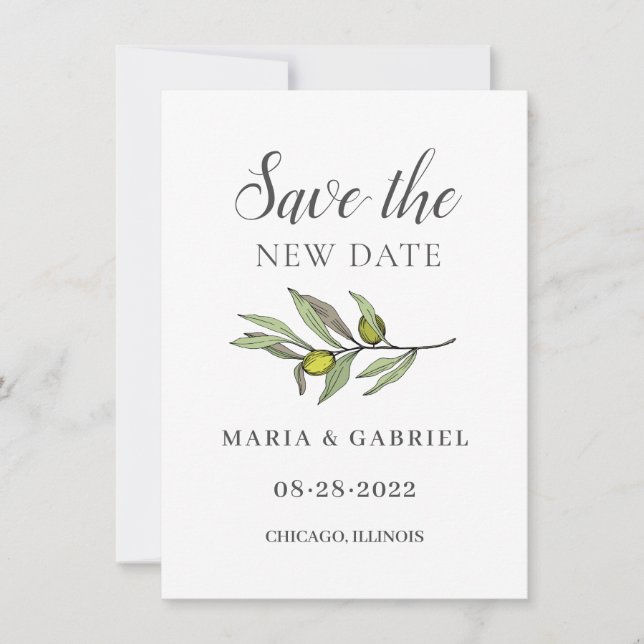 Toskanischer Olivenzweig. Botanischer Hochzeitwech Save The Date (Vorderseite)