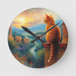 Toskanischer Sonnenuntergang mit einer Ingwerkatze Runde Wanduhr