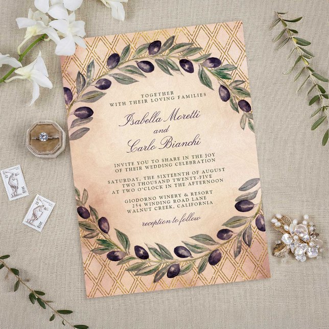 Toskanisches Goldgitter und Olivenzweige Hochzeite Einladung (Tuscan Gold Lattice and Olive Branches Wedding Invitations)