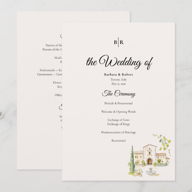 Toskanisches Villen-Hochzeitsprogramm Elegantes It Programm (Vorne/Hinten)
