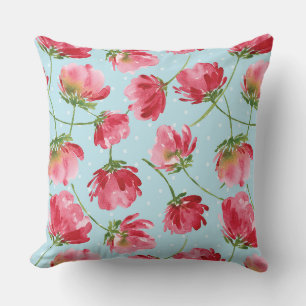 Tossed Crimson Red Watercolor Florals Polka Dots Kissen