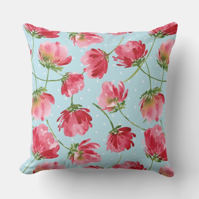 Tossed Crimson Red Watercolor Florals Polka Dots Kissen (Vorderseite)
