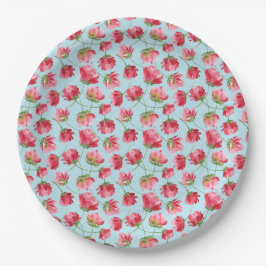 Tossed Crimson Red Watercolor Florals Polka Dots Pappteller