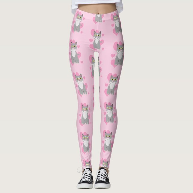 Total Niedlich Graue Katze Liebe Cartoon Muster Ku Leggings (Vorderseite)