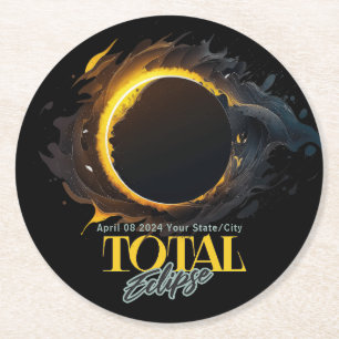 Total Solar Eclipse 2024 Ihr City Staat Black Runder Pappuntersetzer
