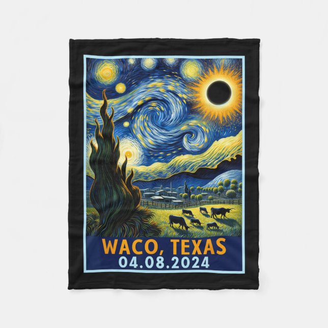 Total Solar Eclipse 2024 Waco Texas Van Gogh Starr Fleecedecke (Vorderseite)