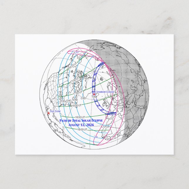 Total Solar Eclipse 2026 Map Postkarte (Vorderseite)