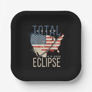Total Solar Eclipse 4.8.2024 Patriotic USA Karte Pappteller