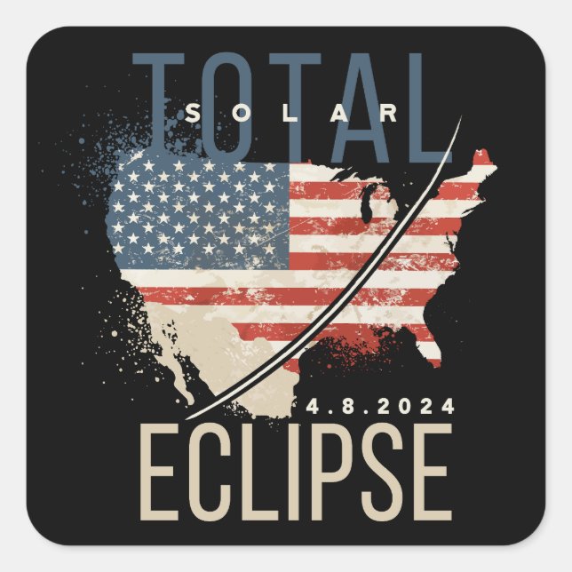 Total Solar Eclipse 4.8.2024 Patriotic USA Karte Quadratischer Aufkleber (Vorderseite)