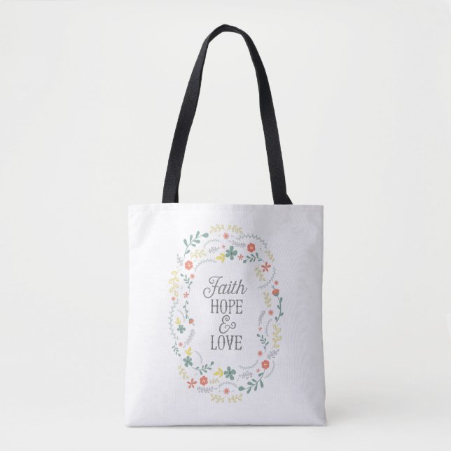 Tote bag bible quote faith hope love flower wreath (Vorderseite)