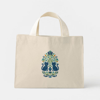 Tote Bag - Blaue Volkskunstkatzen – Whimsical Flor Mini Stoffbeutel
