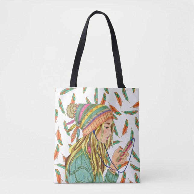 Tote Bag Boho Hat Girl Feather (Vorderseite)