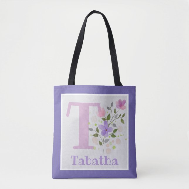 Tote Bag hat den ersten Plus-Namen mit Blume (Vorderseite)